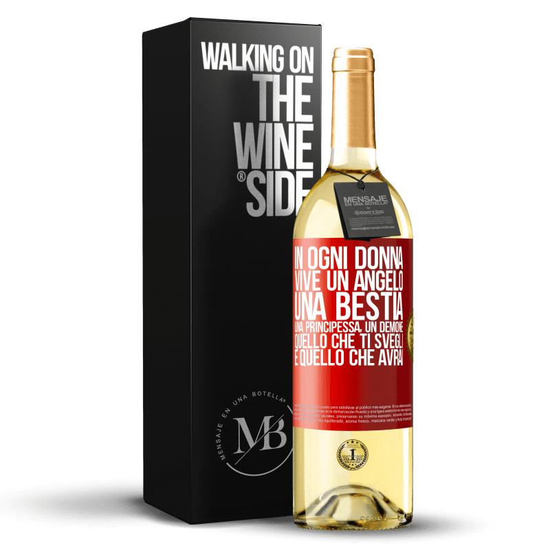 29,95 € Spedizione Gratuita | Vino bianco Edizione WHITE In ogni donna vive un angelo, una bestia, una principessa, un demone. Quello che ti svegli è quello che avrai Etichetta Rossa. Etichetta personalizzabile Vino giovane Raccogliere 2024 Verdejo