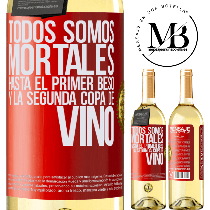29,95 € Envío gratis | Vino Blanco Edición WHITE Todos somos mortales hasta el primer beso y la segunda copa de vino Etiqueta Roja. Etiqueta personalizable Vino joven Cosecha 2025 Verdejo