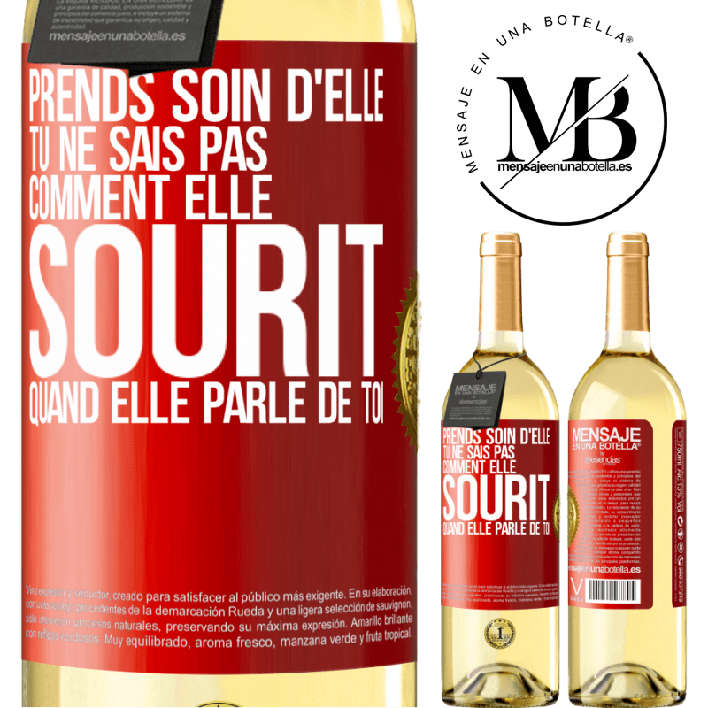 29,95 € Envoi gratuit | Vin blanc Édition WHITE Prends soin d'elle. Tu ne sais pas comment elle sourit quand elle parle de toi Étiquette Rouge. Étiquette personnalisable Vin jeune Récolte 2024 Verdejo