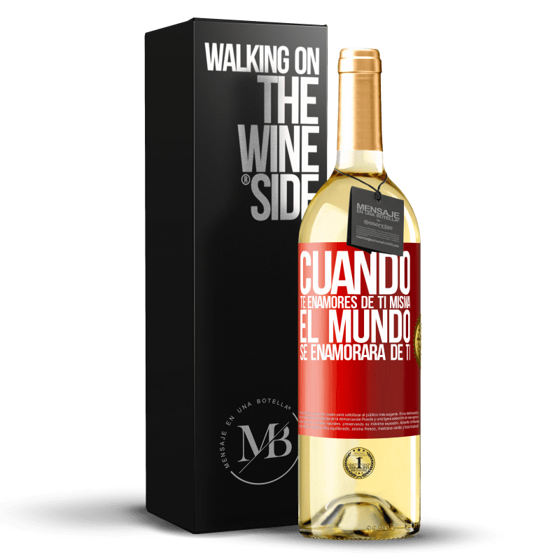 29,95 € Envío gratis | Vino Blanco Edición WHITE Cuando te enamores de ti misma, el mundo se enamorará de ti Etiqueta Roja. Etiqueta personalizable Vino joven Cosecha 2024 Verdejo