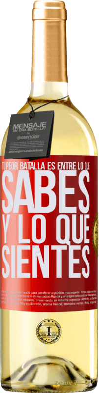 29,95 € Envío gratis | Vino Blanco Edición WHITE Tu peor batalla es entre lo que sabes y lo que sientes Etiqueta Roja. Etiqueta personalizable Vino joven Cosecha 2025 Verdejo