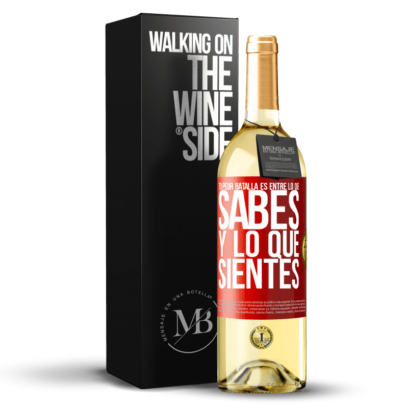 29,95 € Envío gratis | Vino Blanco Edición WHITE Tu peor batalla es entre lo que sabes y lo que sientes Etiqueta Roja. Etiqueta personalizable Vino joven Cosecha 2025 Verdejo