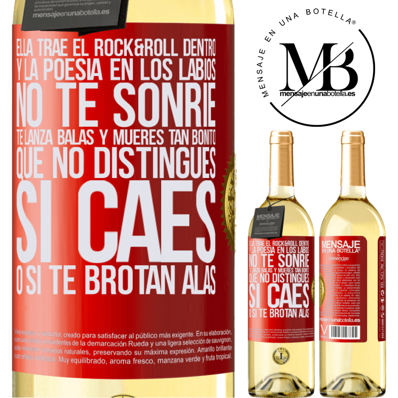 29,95 € Envío gratis | Vino Blanco Edición WHITE Ella trae el Rock&Roll dentro y la poesía en los labios. No te sonríe, te lanza balas, y mueres tan bonito, que no Etiqueta Roja. Etiqueta personalizable Vino joven Cosecha 2023 Verdejo