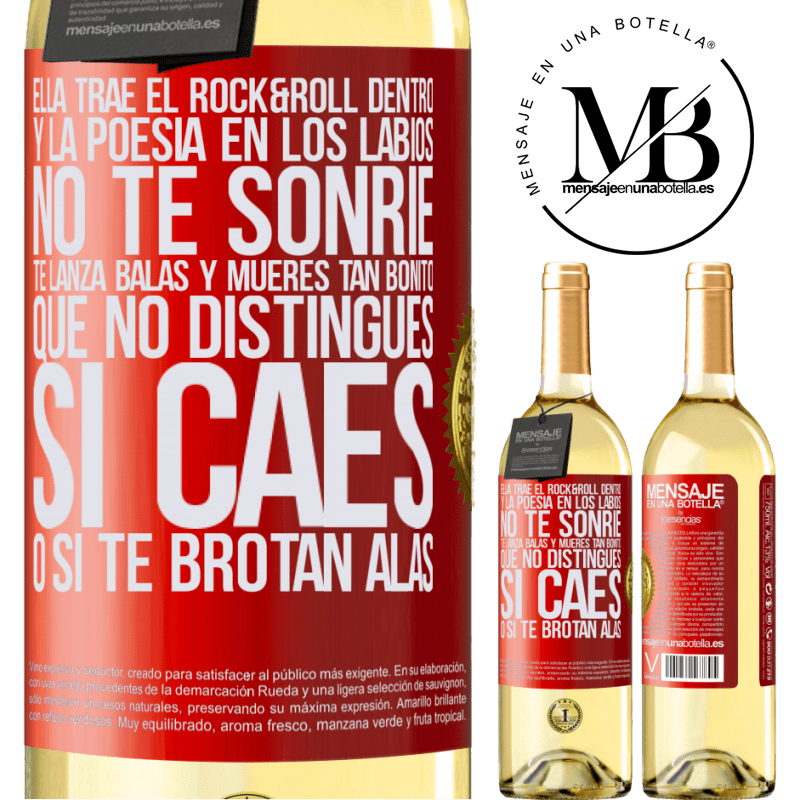 29,95 € Envío gratis | Vino Blanco Edición WHITE Ella trae el Rock&Roll dentro y la poesía en los labios. No te sonríe, te lanza balas, y mueres tan bonito, que no Etiqueta Roja. Etiqueta personalizable Vino joven Cosecha 2025 Verdejo