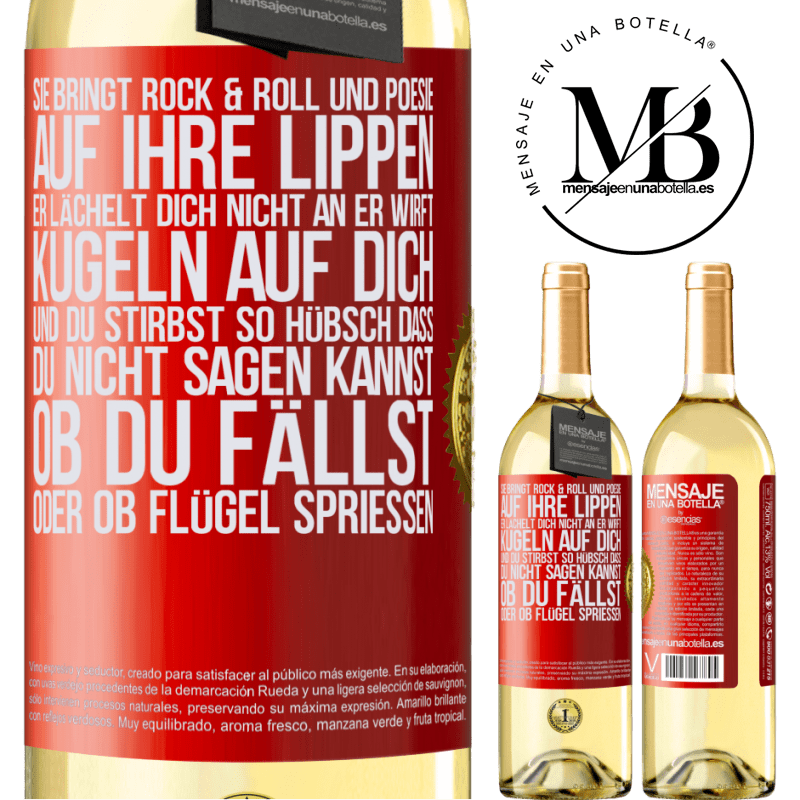 29,95 € Kostenloser Versand | Weißwein WHITE Ausgabe Sie hat Rock & Roll in ihr und Poesie auf ihre Lippen. Sie lächelt dich nicht an, sie wirft Kugeln auf dich und du stirbst so sc Rote Markierung. Anpassbares Etikett Junger Wein Ernte 2025 Verdejo