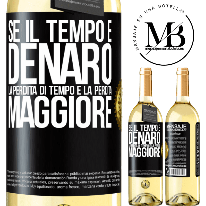 29,95 € Spedizione Gratuita | Vino bianco Edizione WHITE Se il tempo è denaro, la perdita di tempo è la perdita maggiore Etichetta Nera. Etichetta personalizzabile Vino giovane Raccogliere 2024 Verdejo