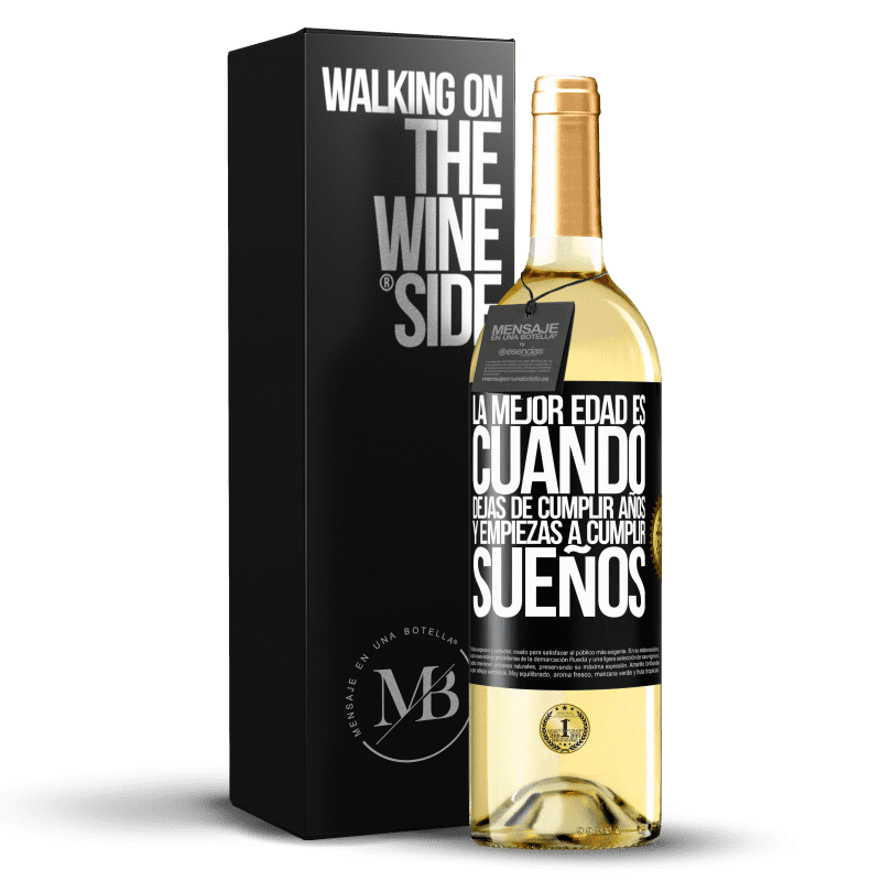 29,95 € Envoi gratuit | Vin blanc Édition WHITE Le meilleur âge, c'est quand vous arrêtez de tourner les années et commencez à réaliser vos rêves Étiquette Noire. Étiquette personnalisable Vin jeune Récolte 2022 Verdejo