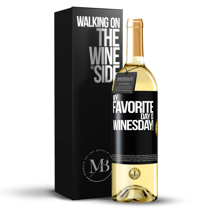 29,95 € Kostenloser Versand | Weißwein WHITE Ausgabe My favorite day is winesday! Schwarzes Etikett. Anpassbares Etikett Junger Wein Ernte 2023 Verdejo