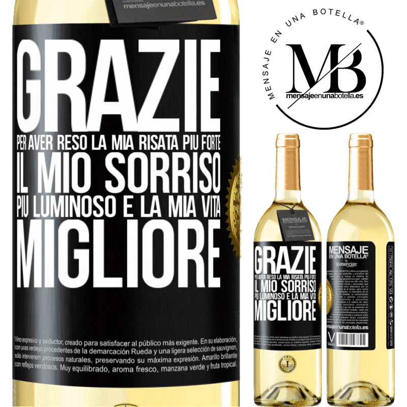 29,95 € Spedizione Gratuita | Vino bianco Edizione WHITE Grazie per aver reso la mia risata più forte, il mio sorriso più luminoso e la mia vita migliore Etichetta Nera. Etichetta personalizzabile Vino giovane Raccogliere 2025 Verdejo