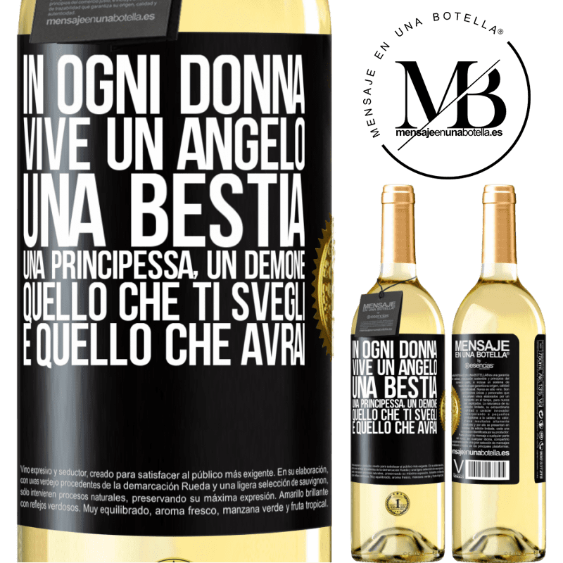 29,95 € Spedizione Gratuita | Vino bianco Edizione WHITE In ogni donna vive un angelo, una bestia, una principessa, un demone. Quello che ti svegli è quello che avrai Etichetta Nera. Etichetta personalizzabile Vino giovane Raccogliere 2024 Verdejo