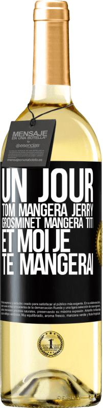 Envoi gratuit | Vin blanc Édition WHITE Un jour Tom mangera Jerry, Grosminet mangera Titi et moi je te mangerai Étiquette Noire. Étiquette personnalisable Vin jeune Récolte 2023 Verdejo