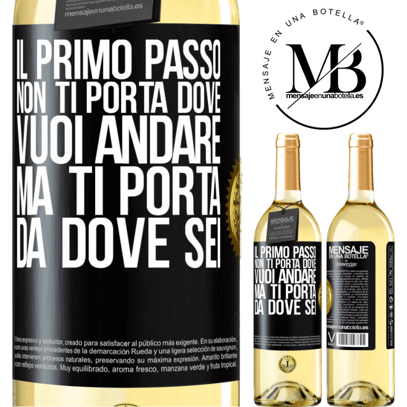 29,95 € Spedizione Gratuita | Vino bianco Edizione WHITE Il primo passo non ti porta dove vuoi andare, ma ti porta da dove sei Etichetta Nera. Etichetta personalizzabile Vino giovane Raccogliere 2025 Verdejo