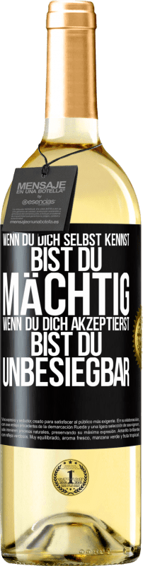 29,95 € Kostenloser Versand | Weißwein WHITE Ausgabe Wenn du dich selbst kennst, bist du mächtig. Wenn du dich akzeptierst, bist du unbesiegbar Schwarzes Etikett. Anpassbares Etikett Junger Wein Ernte 2024 Verdejo