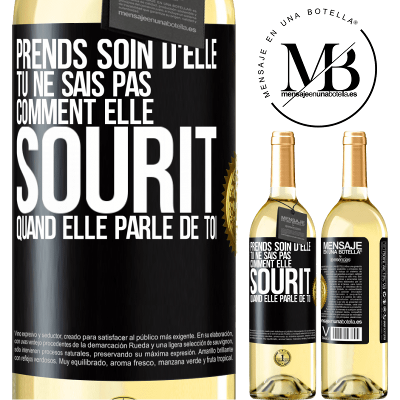 29,95 € Envoi gratuit | Vin blanc Édition WHITE Prends soin d'elle. Tu ne sais pas comment elle sourit quand elle parle de toi Étiquette Noire. Étiquette personnalisable Vin jeune Récolte 2024 Verdejo