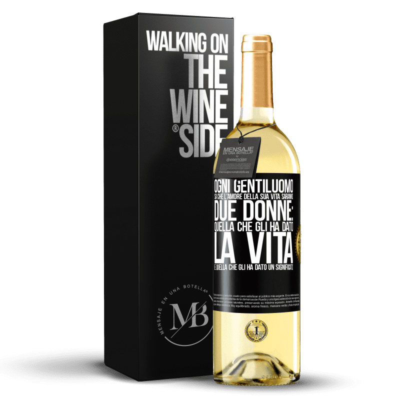 29,95 € Spedizione Gratuita | Vino bianco Edizione WHITE Ogni gentiluomo sa che l'amore della sua vita saranno due donne: quella che gli ha dato la vita e quella che gli ha dato un Etichetta Nera. Etichetta personalizzabile Vino giovane Raccogliere 2025 Verdejo