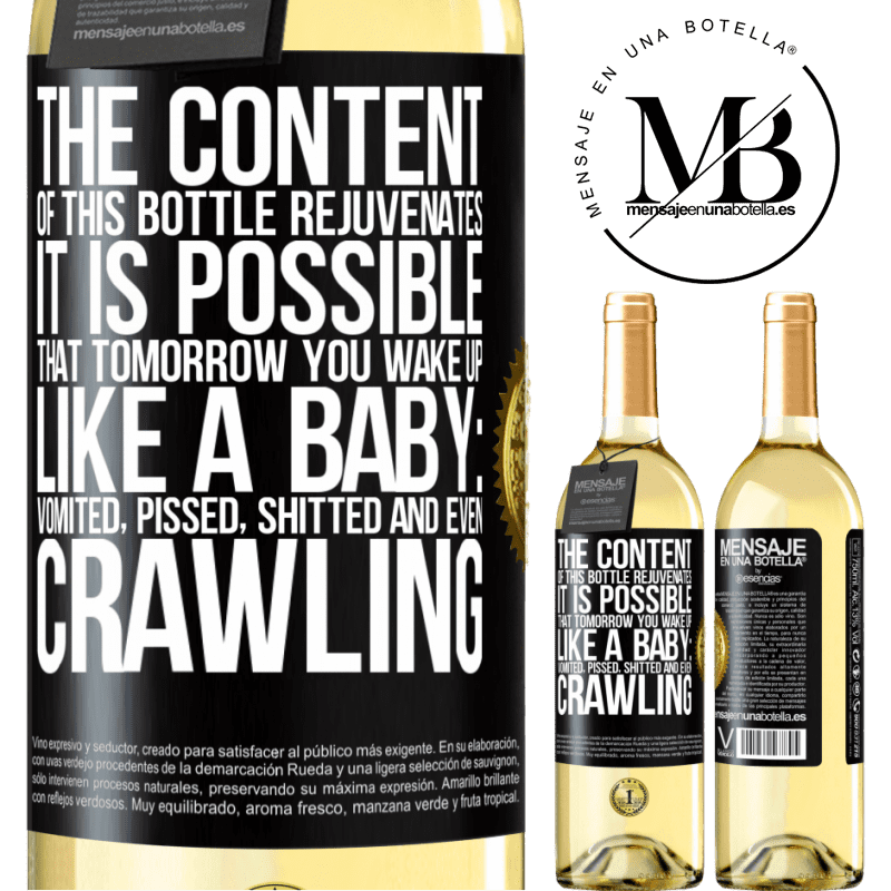 29,95 € Free Shipping | White Wine WHITE Edition The content of this bottle rejuvenates. It is possible that tomorrow you wake up like a baby: vomited, pissed, shitted and Black Label. Customizable label Young wine Harvest 2024 Verdejo