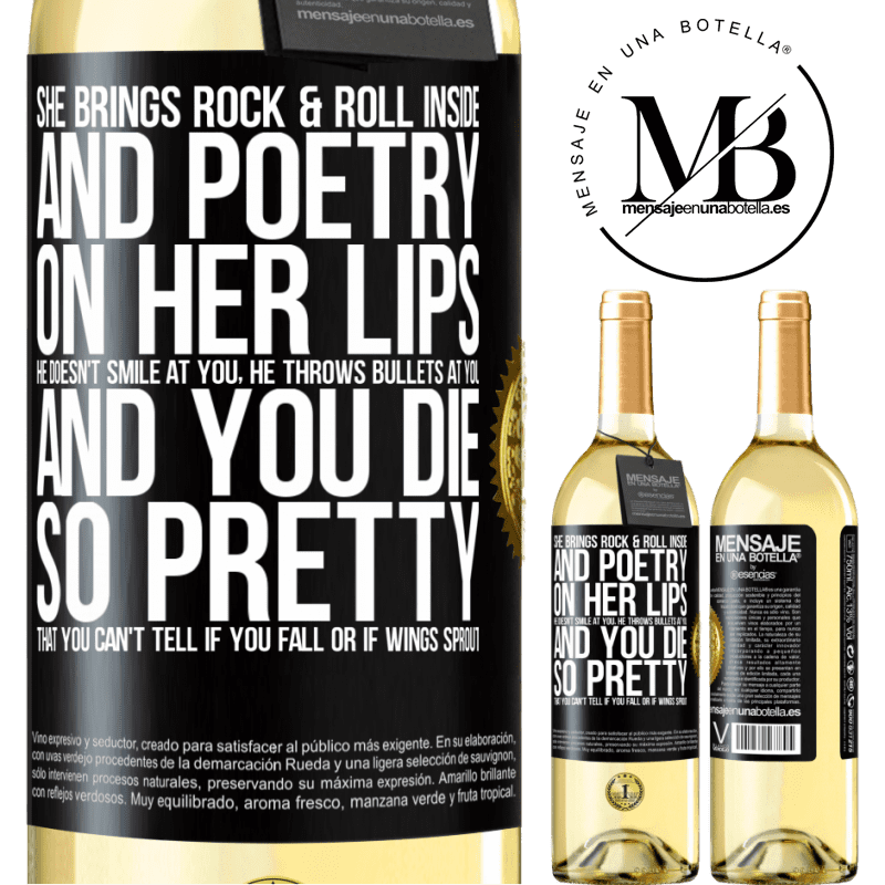 29,95 € Free Shipping | White Wine WHITE Edition She brings Rock & Roll inside and poetry on her lips. He doesn't smile at you, he throws bullets at you, and you die so Black Label. Customizable label Young wine Harvest 2023 Verdejo