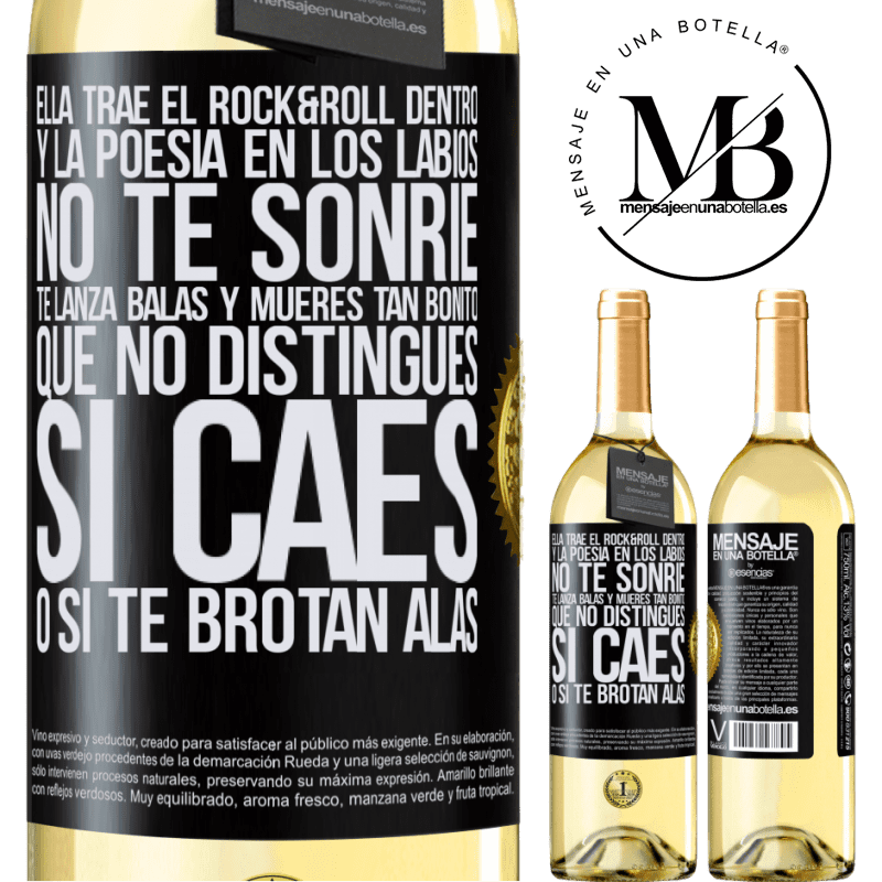 29,95 € Envío gratis | Vino Blanco Edición WHITE Ella trae el Rock&Roll dentro y la poesía en los labios. No te sonríe, te lanza balas, y mueres tan bonito, que no Etiqueta Negra. Etiqueta personalizable Vino joven Cosecha 2023 Verdejo