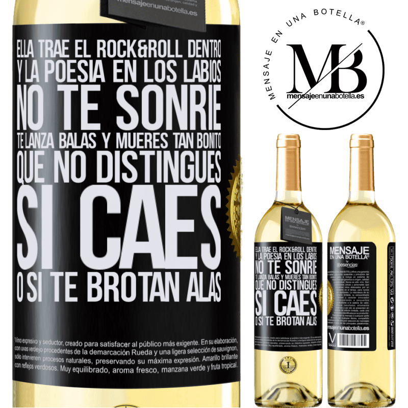 29,95 € Envío gratis | Vino Blanco Edición WHITE Ella trae el Rock&Roll dentro y la poesía en los labios. No te sonríe, te lanza balas, y mueres tan bonito, que no Etiqueta Negra. Etiqueta personalizable Vino joven Cosecha 2025 Verdejo