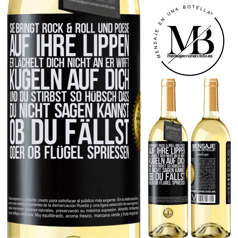 29,95 € Kostenloser Versand | Weißwein WHITE Ausgabe Sie hat Rock & Roll in ihr und Poesie auf ihre Lippen. Sie lächelt dich nicht an, sie wirft Kugeln auf dich und du stirbst so sc Schwarzes Etikett. Anpassbares Etikett Junger Wein Ernte 2023 Verdejo