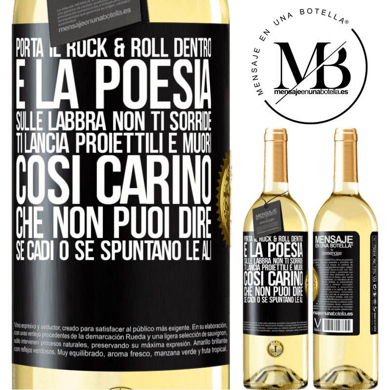 29,95 € Spedizione Gratuita | Vino bianco Edizione WHITE Porta il Rock & Roll dentro e la poesia sulle labbra. Non ti sorride, ti lancia proiettili e muori così carino che non puoi Etichetta Nera. Etichetta personalizzabile Vino giovane Raccogliere 2023 Verdejo