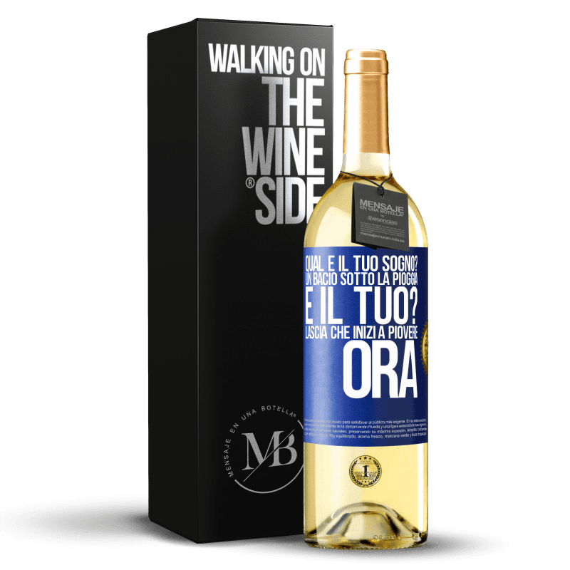 29,95 € Spedizione Gratuita | Vino bianco Edizione WHITE qual è il tuo sogno? Un bacio sotto la pioggia E il tuo? Lascia che inizi a piovere ora Etichetta Blu. Etichetta personalizzabile Vino giovane Raccogliere 2024 Verdejo