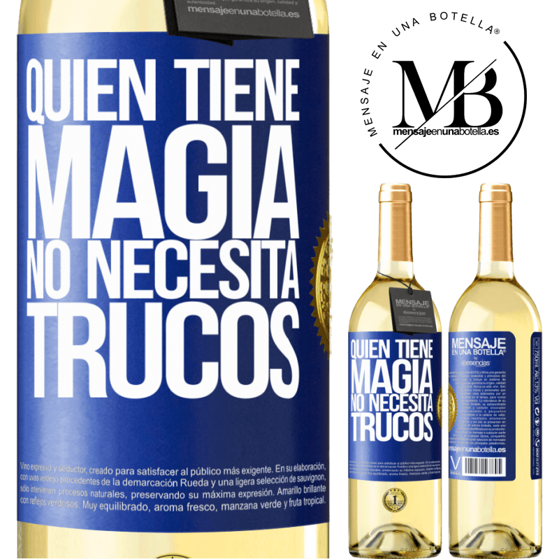 29,95 € Envío gratis | Vino Blanco Edición WHITE Quien tiene magia no necesita trucos Etiqueta Azul. Etiqueta personalizable Vino joven Cosecha 2023 Verdejo