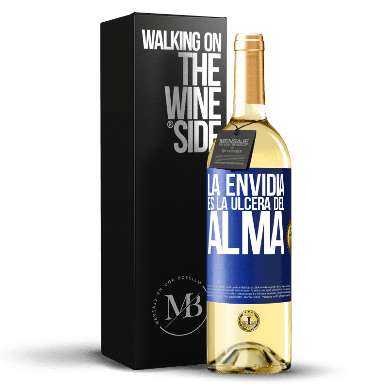 29,95 € Envío gratis | Vino Blanco Edición WHITE La envidia es la úlcera del alma Etiqueta Azul. Etiqueta personalizable Vino joven Cosecha 2025 Verdejo