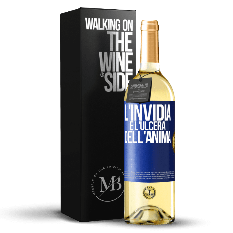 29,95 € Spedizione Gratuita | Vino bianco Edizione WHITE L'invidia è l'ulcera dell'anima Etichetta Blu. Etichetta personalizzabile Vino giovane Raccogliere 2023 Verdejo