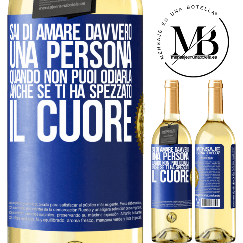 29,95 € Spedizione Gratuita | Vino bianco Edizione WHITE Sai di amare davvero una persona quando non puoi odiarla, anche se ti ha spezzato il cuore Etichetta Blu. Etichetta personalizzabile Vino giovane Raccogliere 2024 Verdejo