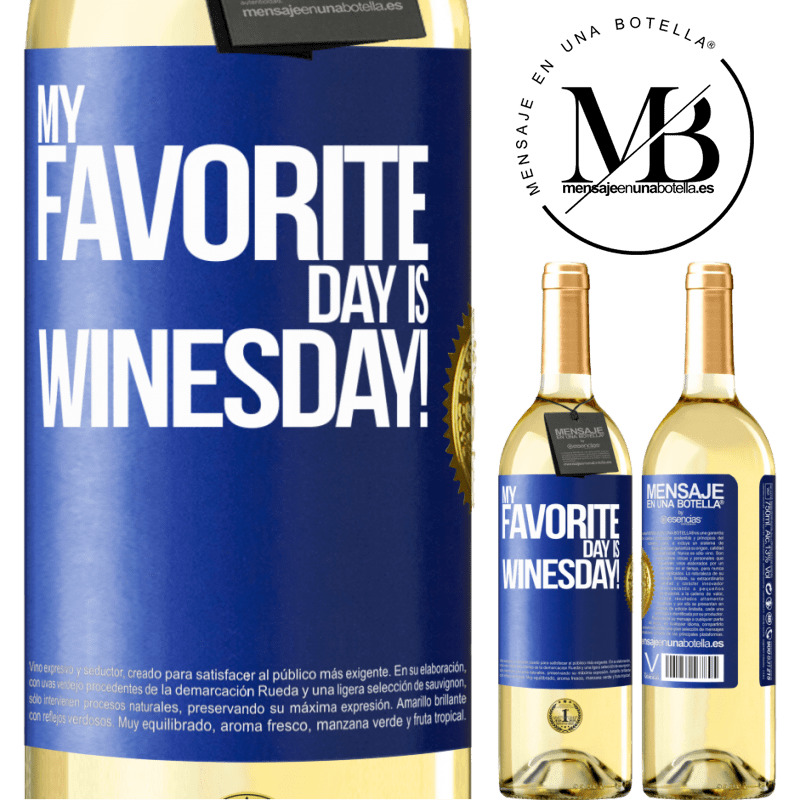 29,95 € Envío gratis | Vino Blanco Edición WHITE My favorite day is winesday! Etiqueta Azul. Etiqueta personalizable Vino joven Cosecha 2024 Verdejo