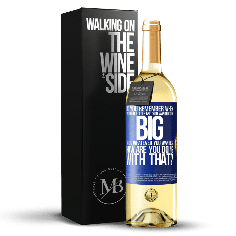 29,95 € Free Shipping | White Wine WHITE Edition do you remember when you were little and you wanted to be big to do whatever you wanted? How are you doing with that? Blue Label. Customizable label Young wine Harvest 2021 Verdejo