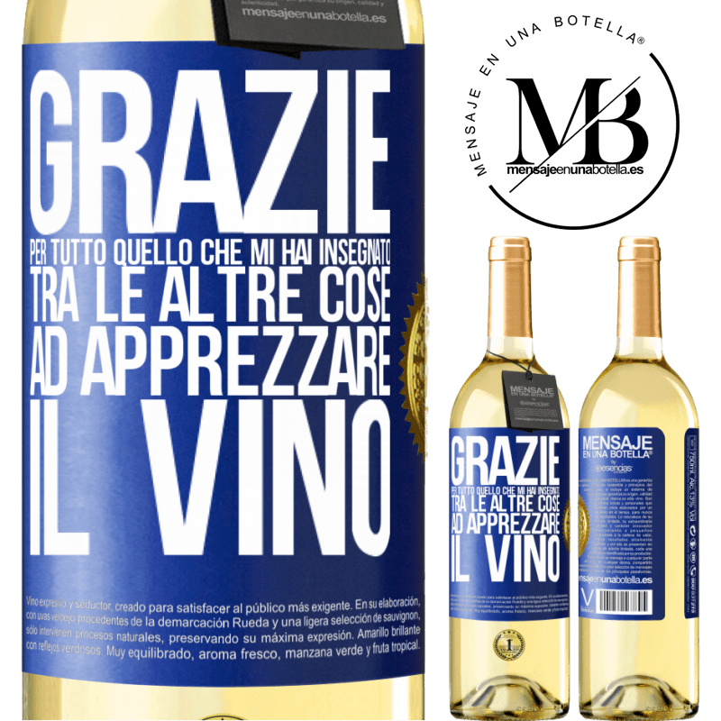 29,95 € Spedizione Gratuita | Vino bianco Edizione WHITE Grazie per tutto quello che mi hai insegnato, tra le altre cose, ad apprezzare il vino Etichetta Blu. Etichetta personalizzabile Vino giovane Raccogliere 2023 Verdejo