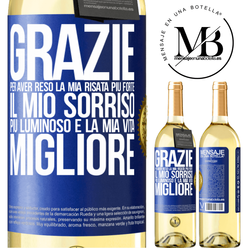 29,95 € Spedizione Gratuita | Vino bianco Edizione WHITE Grazie per aver reso la mia risata più forte, il mio sorriso più luminoso e la mia vita migliore Etichetta Blu. Etichetta personalizzabile Vino giovane Raccogliere 2023 Verdejo