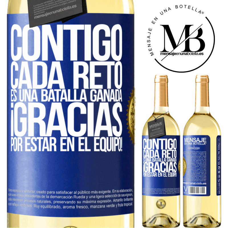 29,95 € Envío gratis | Vino Blanco Edición WHITE Contigo cada reto es una batalla ganada. Gracias por estar en el equipo! Etiqueta Azul. Etiqueta personalizable Vino joven Cosecha 2024 Verdejo