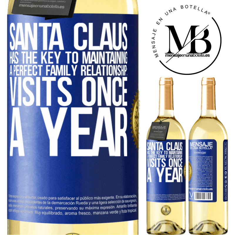 29,95 € Free Shipping | White Wine WHITE Edition Santa Claus has the key to maintaining a perfect family relationship: Visits once a year Blue Label. Customizable label Young wine Harvest 2024 Verdejo