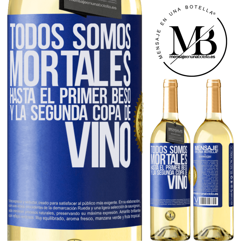 29,95 € Envío gratis | Vino Blanco Edición WHITE Todos somos mortales hasta el primer beso y la segunda copa de vino Etiqueta Azul. Etiqueta personalizable Vino joven Cosecha 2024 Verdejo