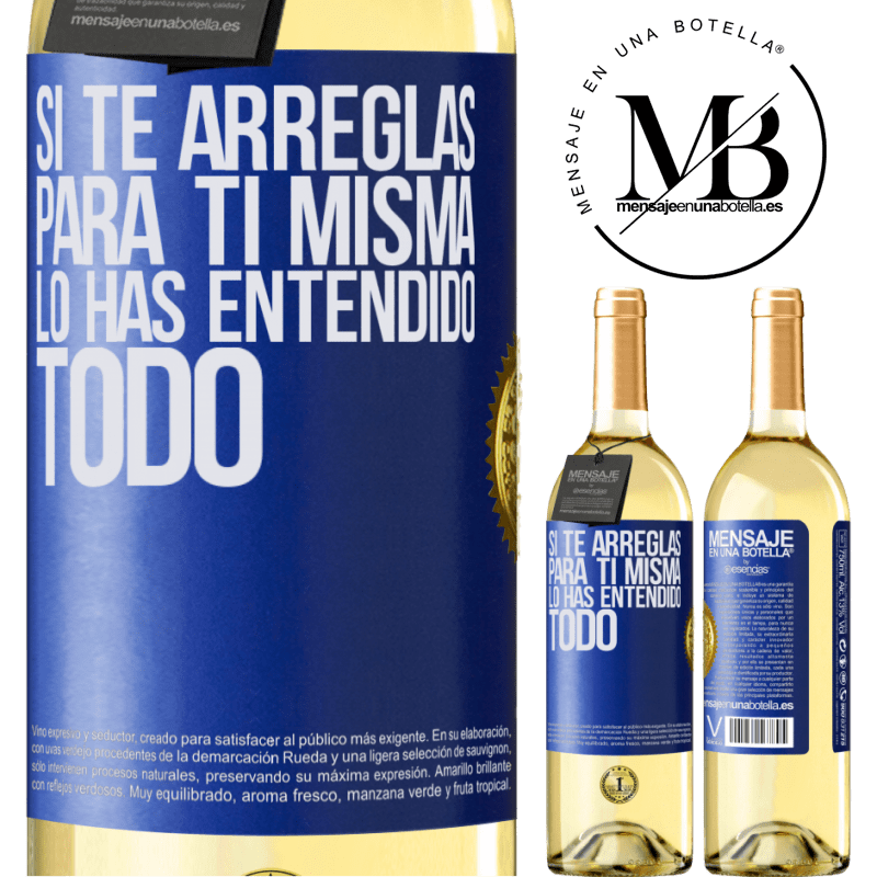 29,95 € Envío gratis | Vino Blanco Edición WHITE Si te arreglas para ti misma, lo has entendido todo Etiqueta Azul. Etiqueta personalizable Vino joven Cosecha 2023 Verdejo