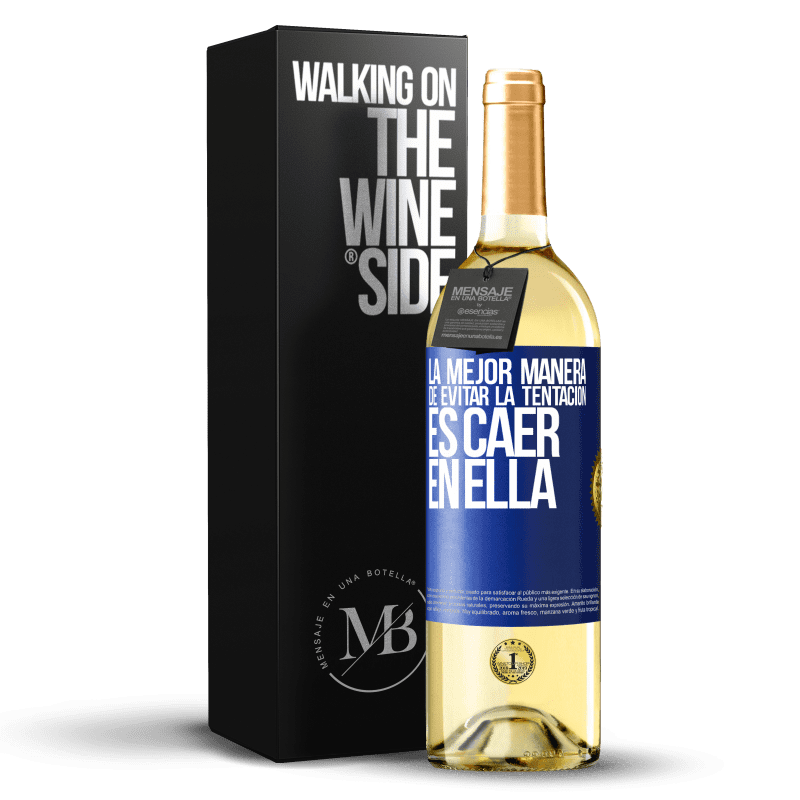 29,95 € Envío gratis | Vino Blanco Edición WHITE La mejor manera de evitar la tentación es caer en ella Etiqueta Azul. Etiqueta personalizable Vino joven Cosecha 2025 Verdejo