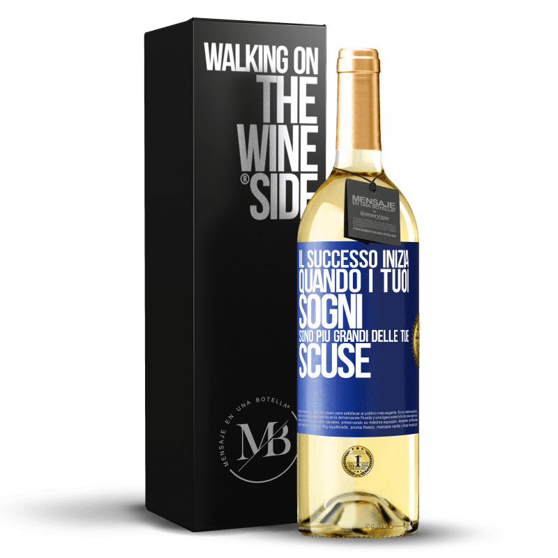 29,95 € Spedizione Gratuita | Vino bianco Edizione WHITE Il successo inizia quando i tuoi sogni sono più grandi delle tue scuse Etichetta Blu. Etichetta personalizzabile Vino giovane Raccogliere 2024 Verdejo