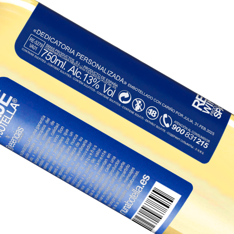29,95 € | Vinho branco Edição WHITE Existem duas coisas infinitas: o universo e a estupidez humana. Embora dos primeiros eu não tenha certeza Etiqueta Azul. Etiqueta personalizável Vinho jovem Colheita 2025 Verdejo