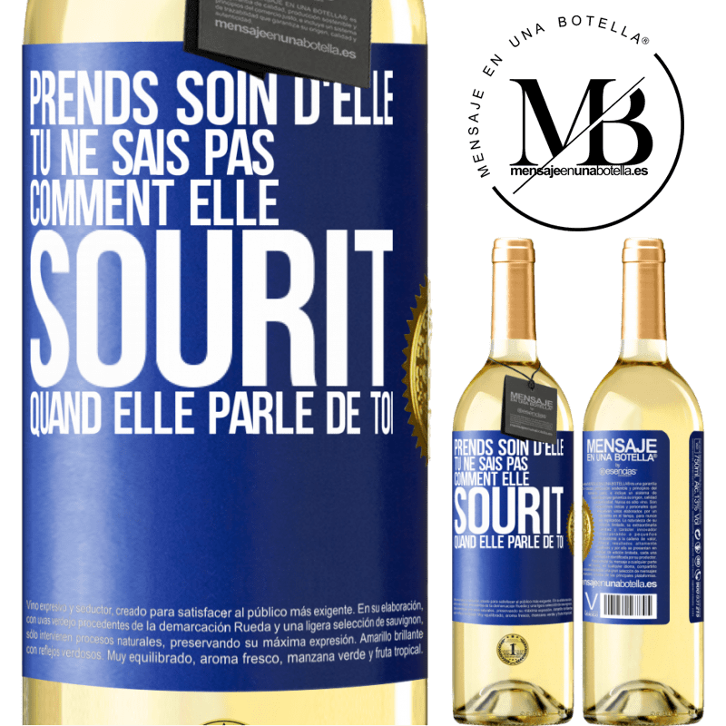 29,95 € Envoi gratuit | Vin blanc Édition WHITE Prends soin d'elle. Tu ne sais pas comment elle sourit quand elle parle de toi Étiquette Bleue. Étiquette personnalisable Vin jeune Récolte 2024 Verdejo