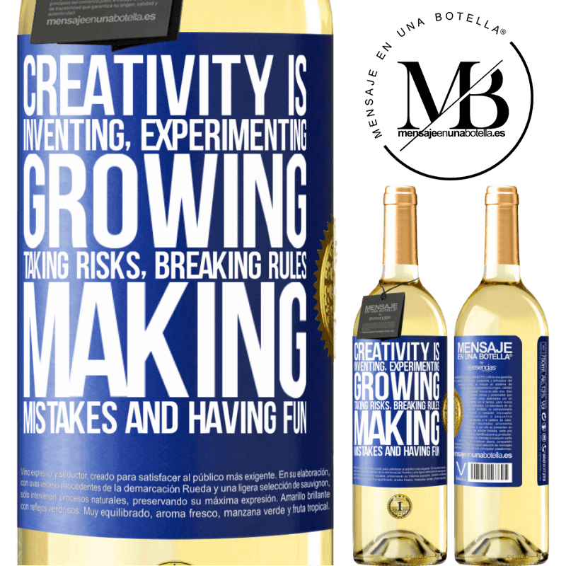 29,95 € Free Shipping | White Wine WHITE Edition Creativity is inventing, experimenting, growing, taking risks, breaking rules, making mistakes, and having fun Blue Label. Customizable label Young wine Harvest 2022 Verdejo