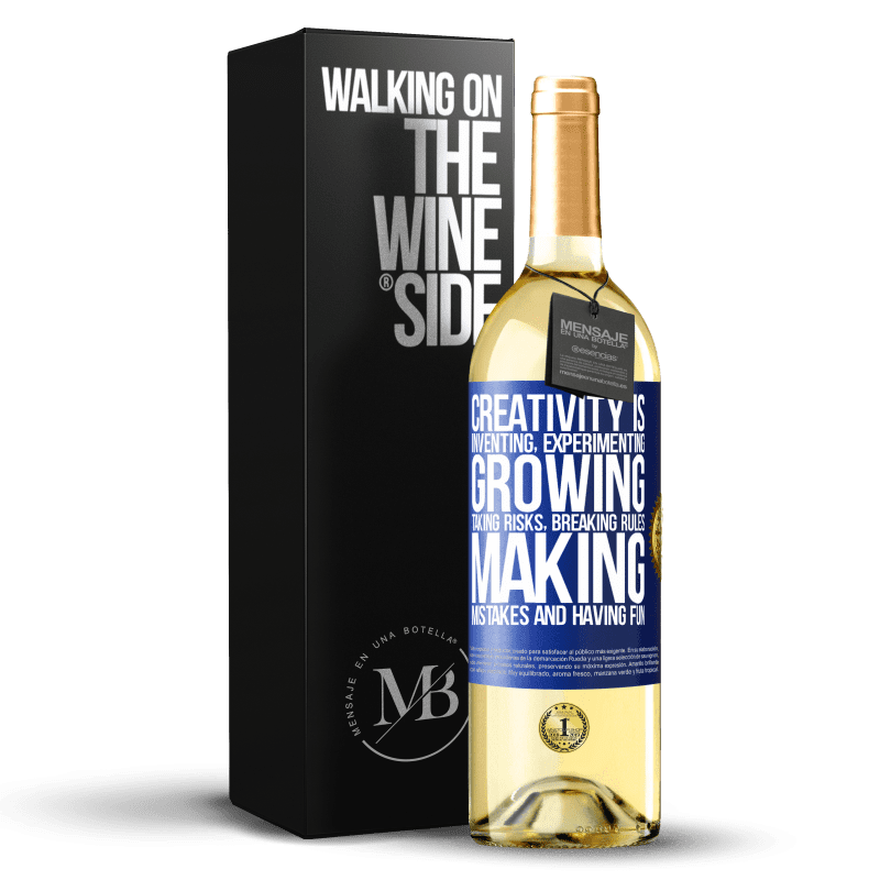 29,95 € Free Shipping | White Wine WHITE Edition Creativity is inventing, experimenting, growing, taking risks, breaking rules, making mistakes, and having fun Blue Label. Customizable label Young wine Harvest 2022 Verdejo