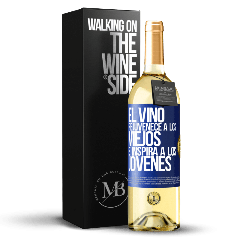 29,95 € Envío gratis | Vino Blanco Edición WHITE El vino rejuvenece a los viejos e inspira a los jóvenes Etiqueta Azul. Etiqueta personalizable Vino joven Cosecha 2022 Verdejo