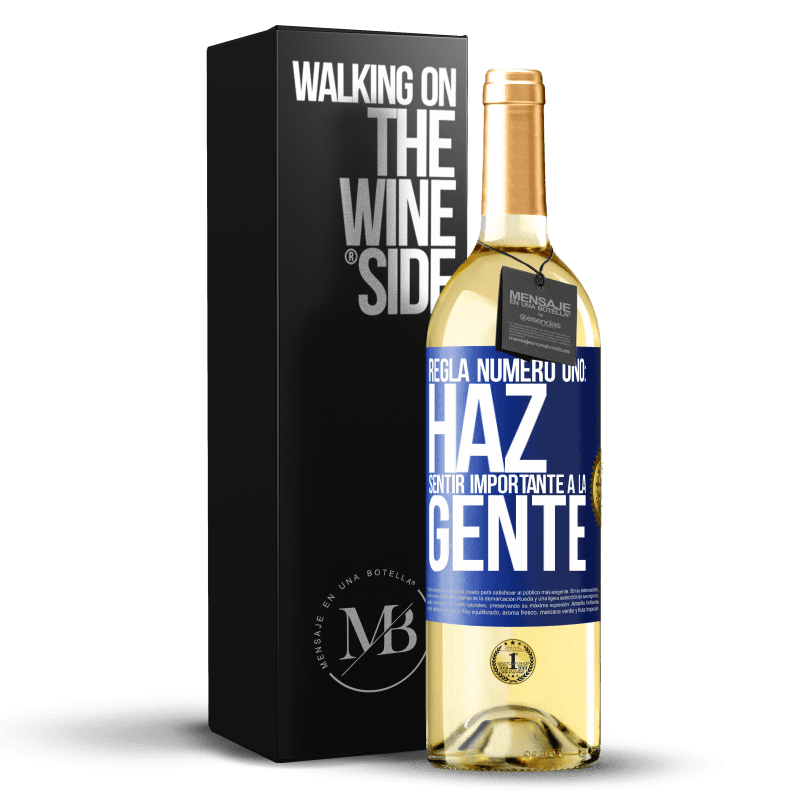 29,95 € Envío gratis | Vino Blanco Edición WHITE Regla número uno: haz sentir importante a la gente Etiqueta Azul. Etiqueta personalizable Vino joven Cosecha 2024 Verdejo