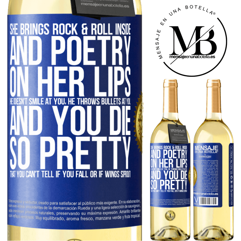 29,95 € Free Shipping | White Wine WHITE Edition She brings Rock & Roll inside and poetry on her lips. He doesn't smile at you, he throws bullets at you, and you die so Blue Label. Customizable label Young wine Harvest 2022 Verdejo