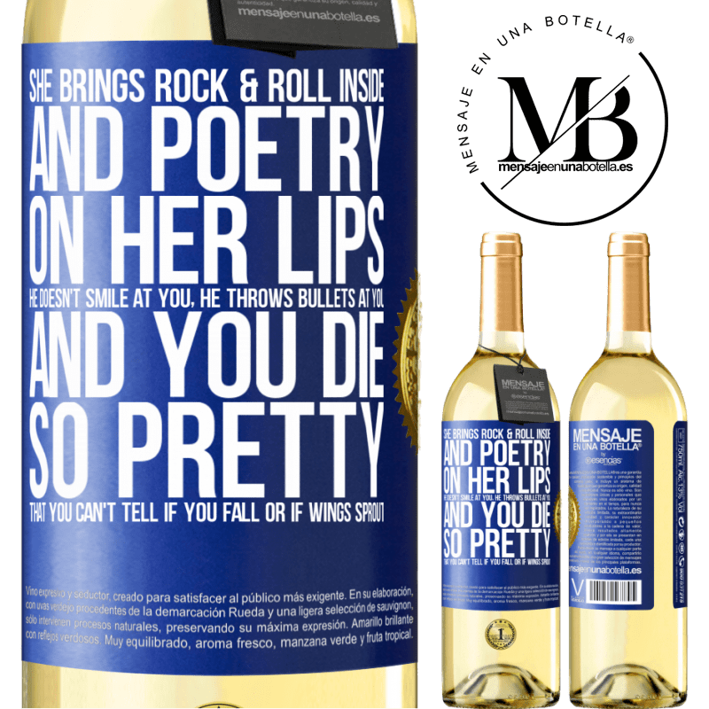 29,95 € Free Shipping | White Wine WHITE Edition She brings Rock & Roll inside and poetry on her lips. He doesn't smile at you, he throws bullets at you, and you die so Blue Label. Customizable label Young wine Harvest 2023 Verdejo