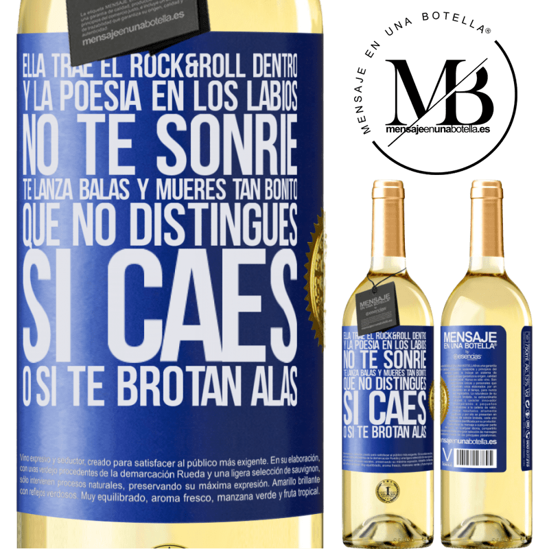 29,95 € Envío gratis | Vino Blanco Edición WHITE Ella trae el Rock&Roll dentro y la poesía en los labios. No te sonríe, te lanza balas, y mueres tan bonito, que no Etiqueta Azul. Etiqueta personalizable Vino joven Cosecha 2023 Verdejo