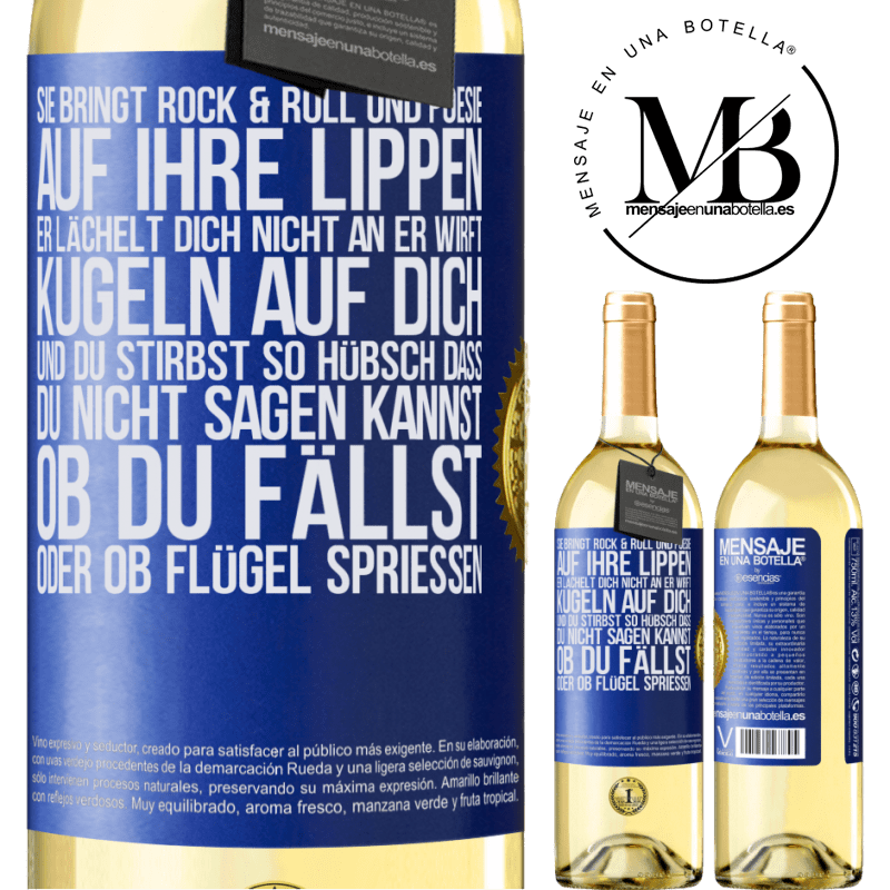 29,95 € Kostenloser Versand | Weißwein WHITE Ausgabe Sie hat Rock & Roll in ihr und Poesie auf ihre Lippen. Sie lächelt dich nicht an, sie wirft Kugeln auf dich und du stirbst so sc Blaue Markierung. Anpassbares Etikett Junger Wein Ernte 2023 Verdejo